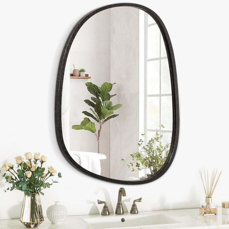 Irregular Wood Frame Asymmetrical Oval Mirror Unique Modern Wall Mounted Artistic Mirror for Bathroom Bedroom Living Room Entryway Decorative 16x12 Grey