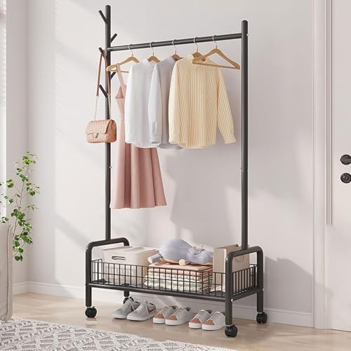 LEOPAX Metal Cloths Rail for Home with Wheels, Bottom Shelve & 5 Side Hooks, Clothes Stand for Coat, Shirt, Helmet, Umbrella, Purse - Size - (89 x 34 x 172) cm - Black - Image 1