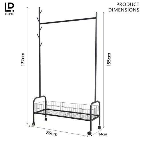 LEOPAX Metal Cloths Rail for Home with Wheels, Bottom Shelve & 5 Side Hooks, Clothes Stand for Coat, Shirt, Helmet, Umbrella, Purse - Size - (89 x 34 x 172) cm - Black - Image 5