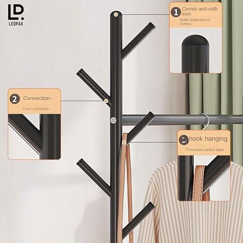 LEOPAX Metal Cloths Rail for Home with Wheels, Bottom Shelve & 5 Side Hooks, Clothes Stand for Coat, Shirt, Helmet, Umbrella, Purse - Size - (89 x 34 x 172) cm - Black - Image 4