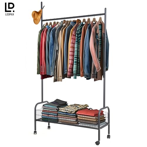 LEOPAX Metal Cloths Rail for Home with Wheels, Bottom Shelve & 5 Side Hooks, Clothes Stand for Coat, Shirt, Helmet, Umbrella, Purse - Size - (89 x 34 x 172) cm - Black - Image 2