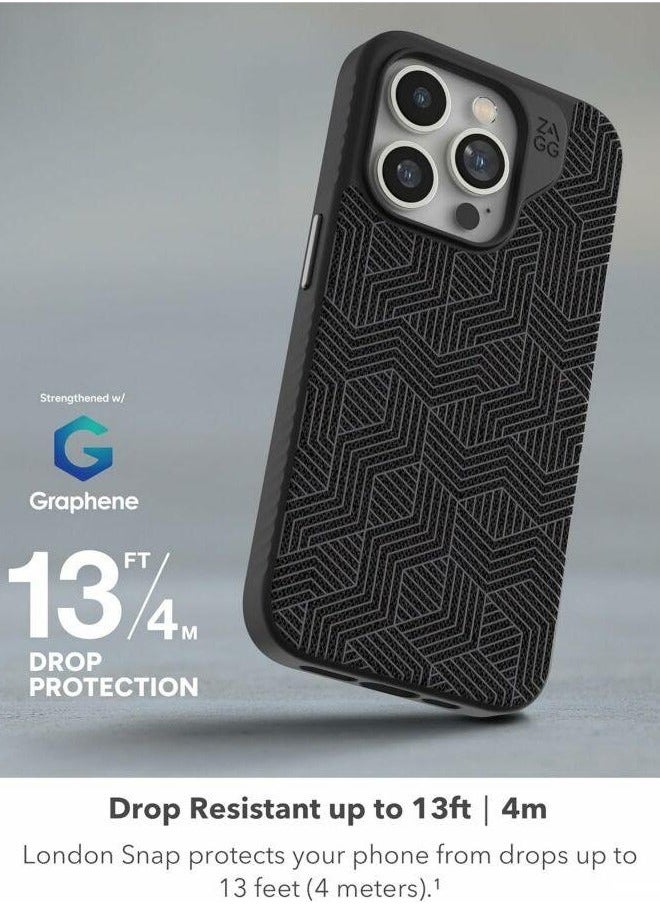 ZAGG - جراب London Snap الواقي المتين المصنوع من الجرافين لهاتف iPhone 15 Pro، جراب متوافق مع MagSafe مع جزء خارجي من القماش الأنيق، نحيف وخفيف الوزن - زهري مزرق - Image 1