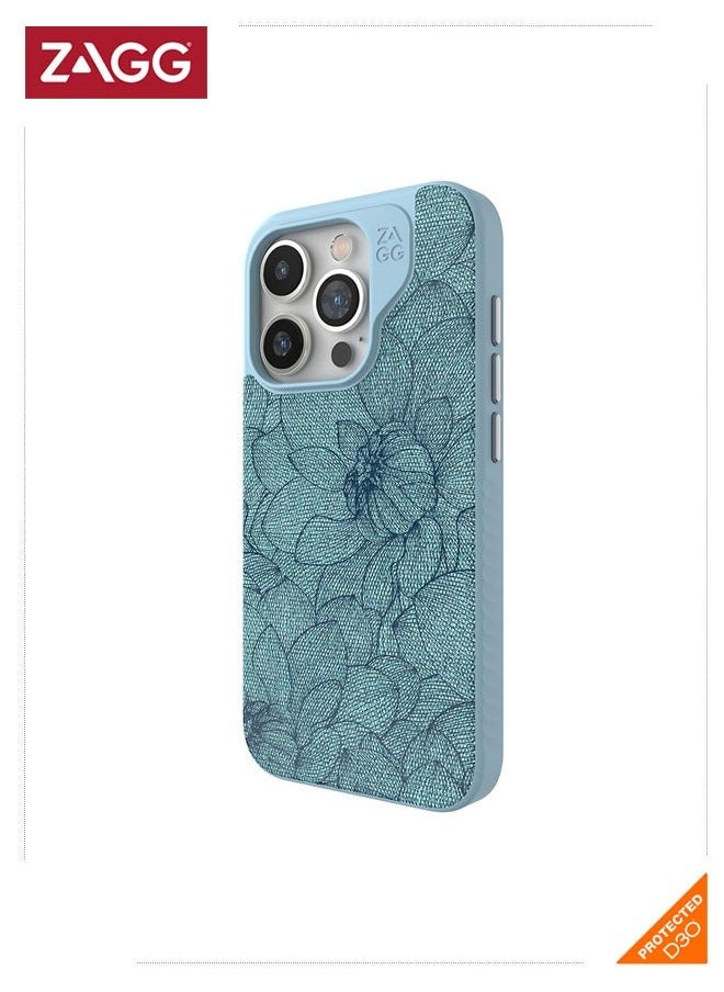 ZAGG - جراب London Snap الواقي المتين المصنوع من الجرافين لهاتف iPhone 15 Pro، جراب متوافق مع MagSafe مع جزء خارجي من القماش الأنيق، نحيف وخفيف الوزن - زهري مزرق - Image 1