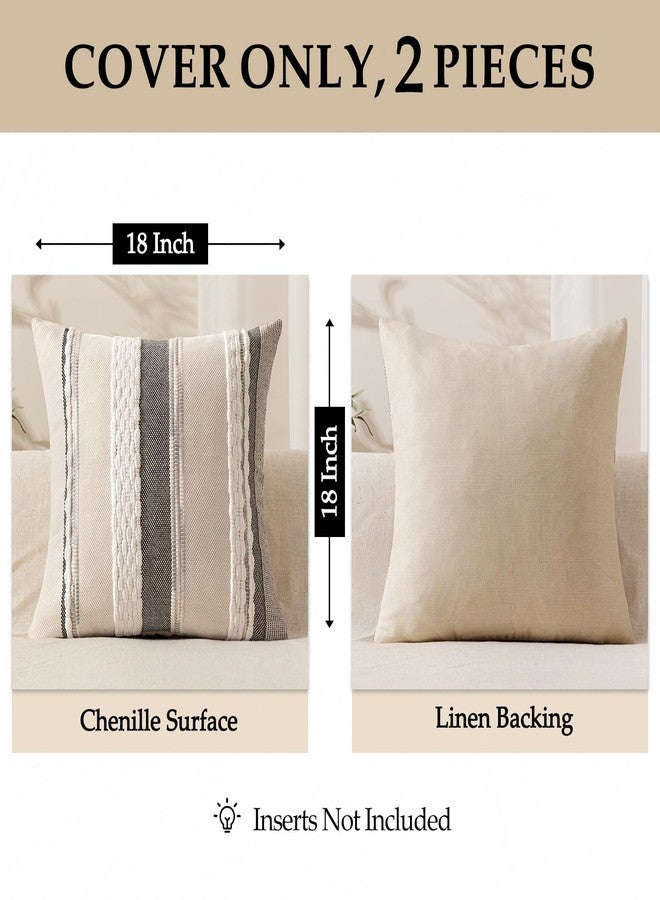ANRODUO Pack of 2 Boho Decorative Throw Pillow Covers 18x18 Farmhouse Cushion Case Striped Chenille Pillow Cases Square Pillow Covers Accent Neutral Pillowcase for Sofa Couch Bed, White Stripe - Image 4