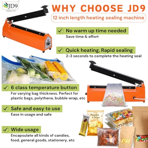 JD9 آلة ختم معدنية ثقيلة من JD9 بحجم 12 بوصة، آلة ختم حرارية لأكياس حلويات غانباتي 12 بوصة، آلة ختم نبضي، آلة تعبئة موداك (برتقالي) - Image 2