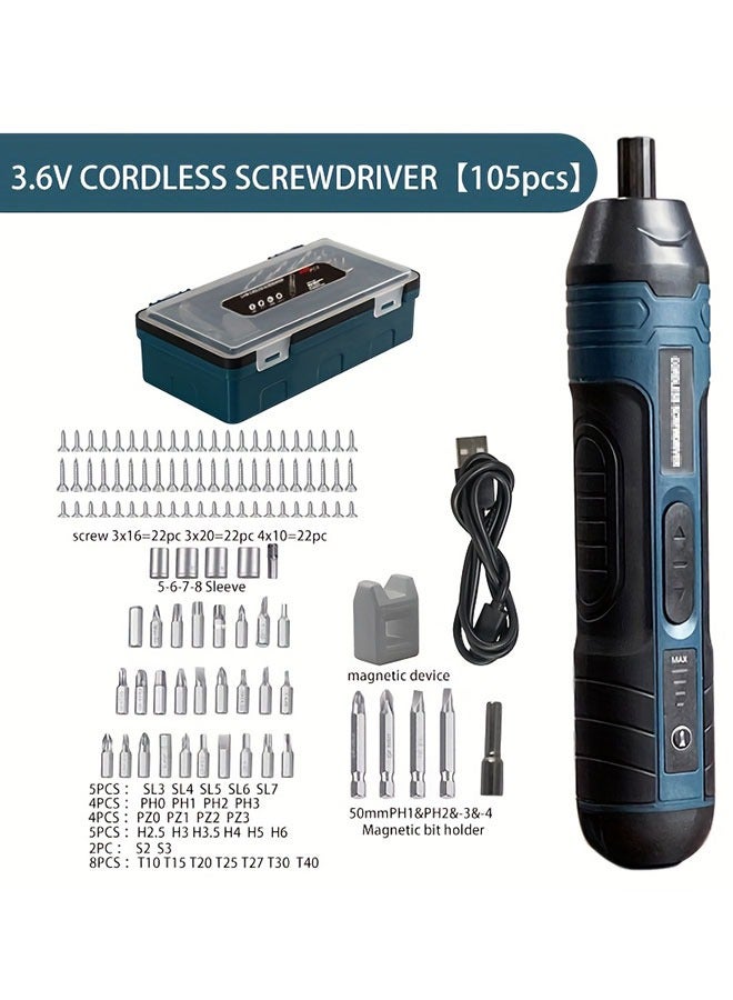 WINEENEE Cordless USB Screwdriver Kit with Heat-Resistant and Dustproof Design, 105 Accessories, Adjustable Torque, Long-Lasting Battery, Fast Charging, Portable for Home DIY and Professional Use - Image 1