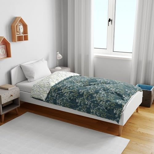 Divine Casa 120 GSM Microfiber Single Kids Dohar (0-4 Years) | Soft & Lightweight Throw Blanket | Cozy & Breathable | All-Season Comfort | 140 x 100 CM | Floral Branches Pattern | Teal & White - Image 2