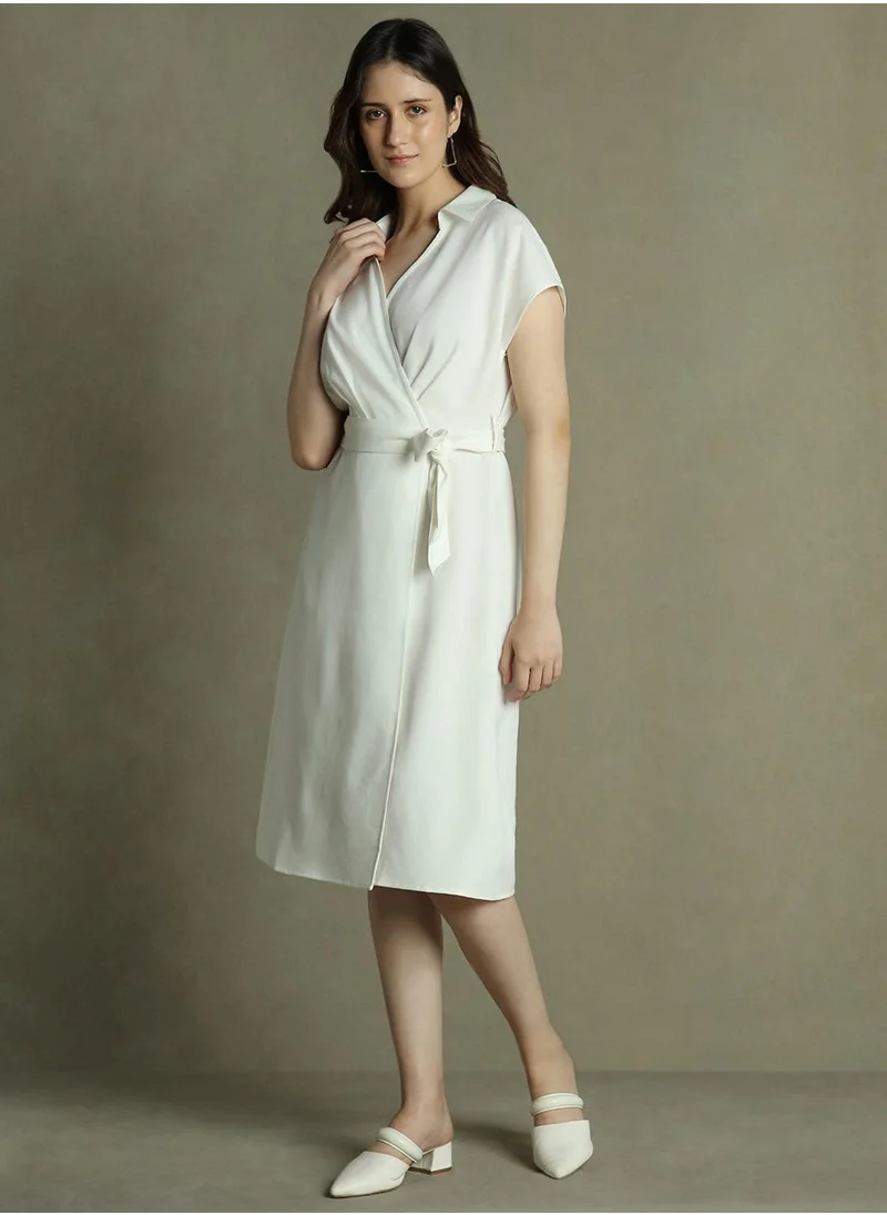 Dennis Lingo Women's Off White Polyester Blend Solid Regular Fit Dress