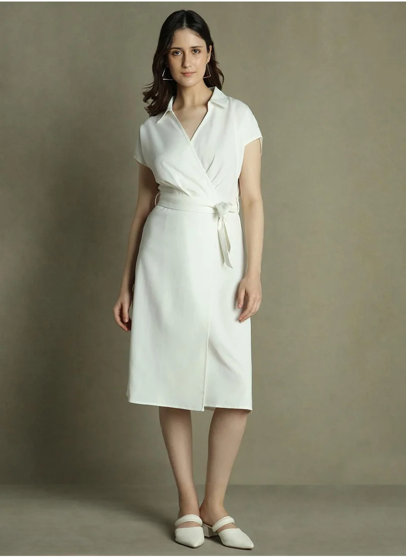 Dennis Lingo Women's Off White Polyester Blend Solid Regular Fit Dress