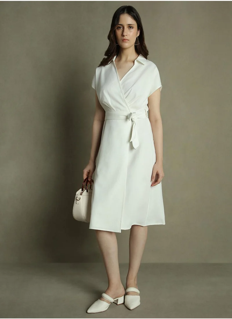 Dennis Lingo Women's Off White Polyester Blend Solid Regular Fit Dress