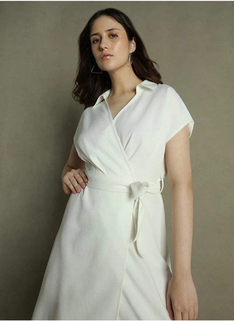 Dennis Lingo Women's Off White Polyester Blend Solid Regular Fit Dress