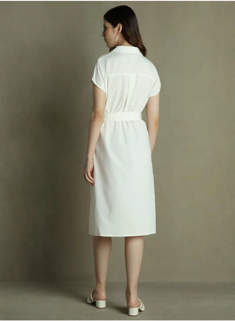 Dennis Lingo Women's Off White Polyester Blend Solid Regular Fit Dress