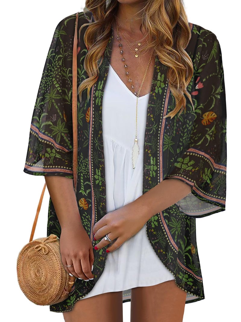 rosemia Women Summer Tops Cruise Outfits Caftan Kimono Swimwear Cover Ups Resort Wear(Tropical Forest,L) - Image 1