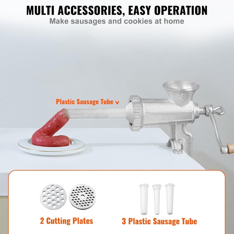 VEVOR Manual Meat Grinder, Heavy Duty Cast Iron Hand Meat Grinder with Steel Table Clamp, Meat Mincer Sausage Maker with 1 Cutting Blade, 2 Cutting Plates, 3 Sausage Tubes for Beef Pepper Mushroom - Image 5