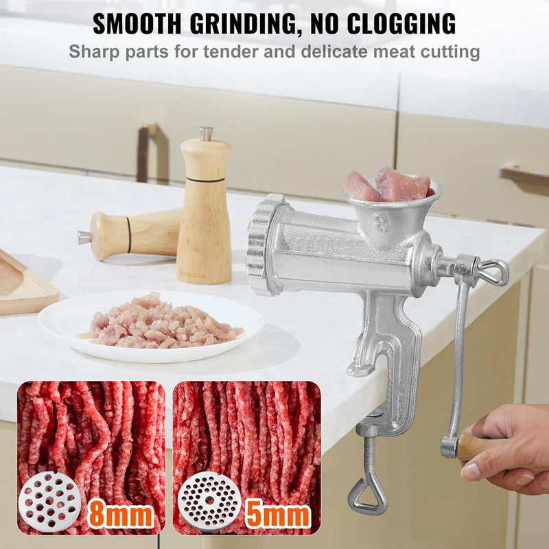 VEVOR Manual Meat Grinder, Heavy Duty Cast Iron Hand Meat Grinder with Steel Table Clamp, Meat Mincer Sausage Maker with 1 Cutting Blade, 2 Cutting Plates, 3 Sausage Tubes for Beef Pepper Mushroom - Image 3