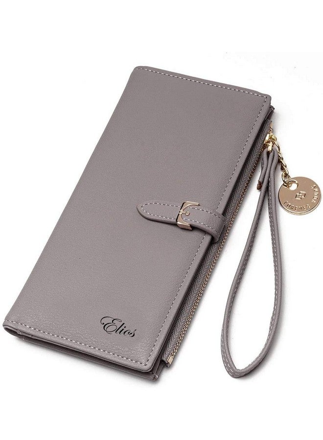 Elios Women Long Soft Leather Wallet Zip Purse Multifunction Organizer Card Holder Clutch with Phone Pocket (Grey) - Image 1