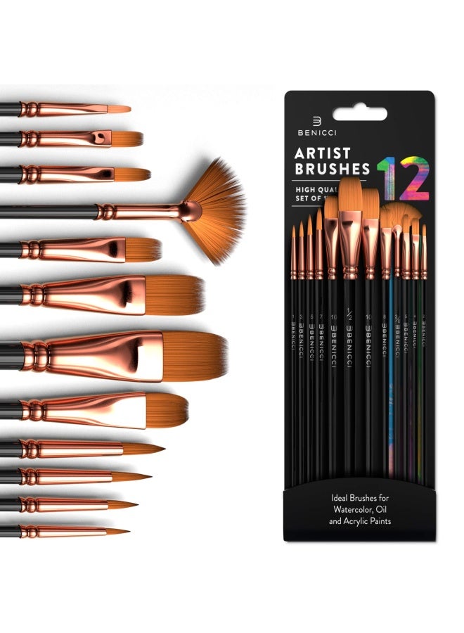 Benicci Professional Paint Brush Set Of 12 - Artist Paintbrush Kit For Canvas  Gouache  And Fabric - Art Set For Kids And Adults - Supplies For Water  Oil  And Acrylic Painting   For Professionals - Image 1