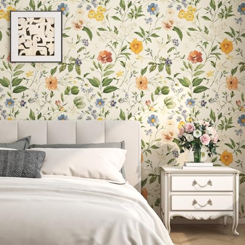 VOLEAAR Boho Floral Peel and Stick Wallpaper, Colorful Small Wildflower Vintage Self Adhesive Removable Wall Paper for Bedroom Cabinet Drawer, Vinyl Contact Paper Wall Decor Yellow 17.5In x 118In - Image 3