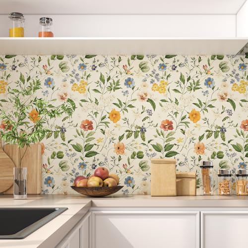 VOLEAAR Boho Floral Peel and Stick Wallpaper, Colorful Small Wildflower Vintage Self Adhesive Removable Wall Paper for Bedroom Cabinet Drawer, Vinyl Contact Paper Wall Decor Yellow 17.5In x 118In - Image 5
