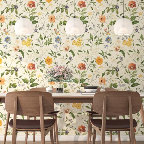 VOLEAAR Boho Floral Peel and Stick Wallpaper, Colorful Small Wildflower Vintage Self Adhesive Removable Wall Paper for Bedroom Cabinet Drawer, Vinyl Contact Paper Wall Decor Yellow 17.5In x 118In - Image 2