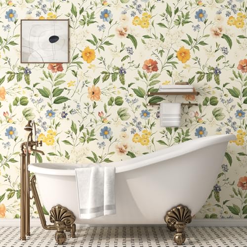VOLEAAR Boho Floral Peel and Stick Wallpaper, Colorful Small Wildflower Vintage Self Adhesive Removable Wall Paper for Bedroom Cabinet Drawer, Vinyl Contact Paper Wall Decor Yellow 17.5In x 118In - Image 4
