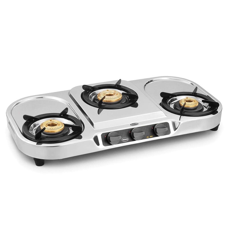 Padmini Stainless Steel 3 Burner CS 307 HF LPG Manual Gas Stove with High Flame Burner Silver - Image 1