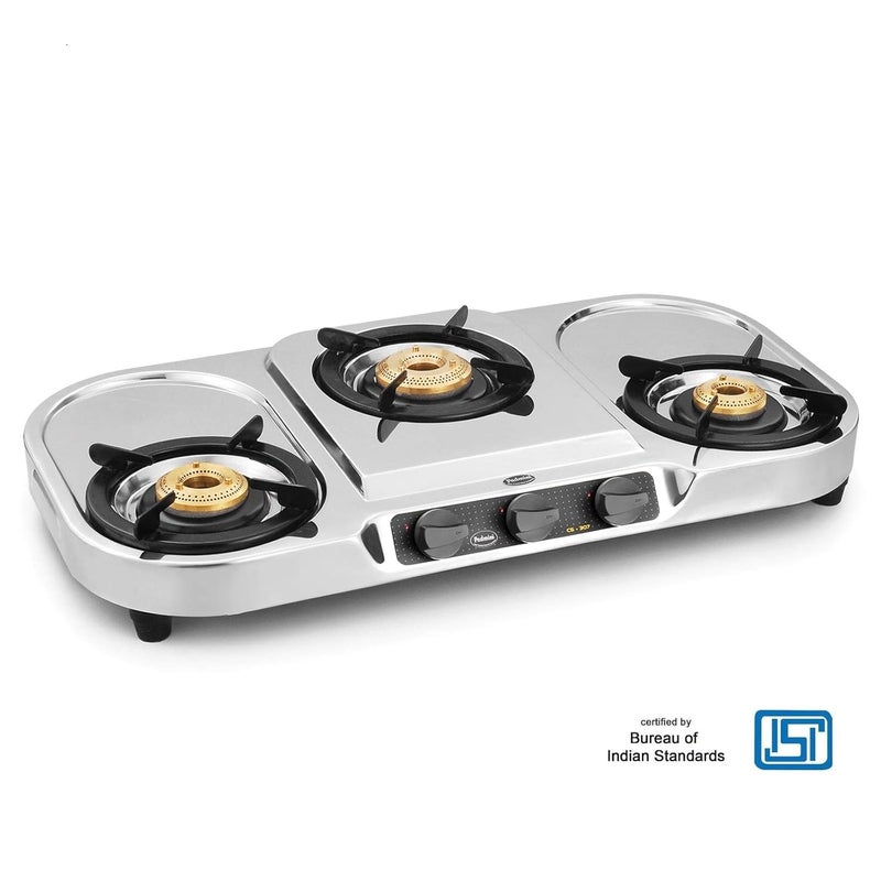 Padmini Stainless Steel 3 Burner CS 307 HF LPG Manual Gas Stove with High Flame Burner Silver - Image 3