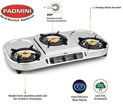 Padmini Stainless Steel 3 Burner CS 307 HF LPG Manual Gas Stove with High Flame Burner Silver - Image 4