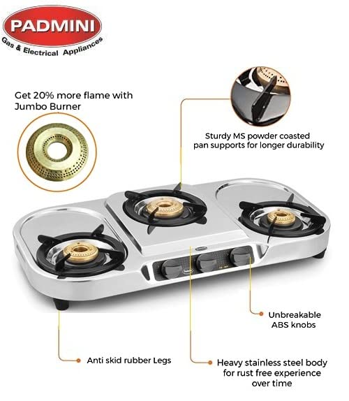 Padmini Stainless Steel 3 Burner CS 307 HF LPG Manual Gas Stove with High Flame Burner Silver - Image 2
