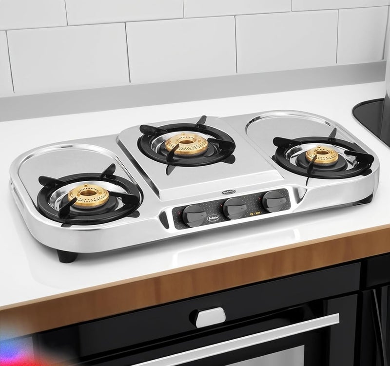 Padmini Stainless Steel 3 Burner CS 307 HF LPG Manual Gas Stove with High Flame Burner Silver - Image 5