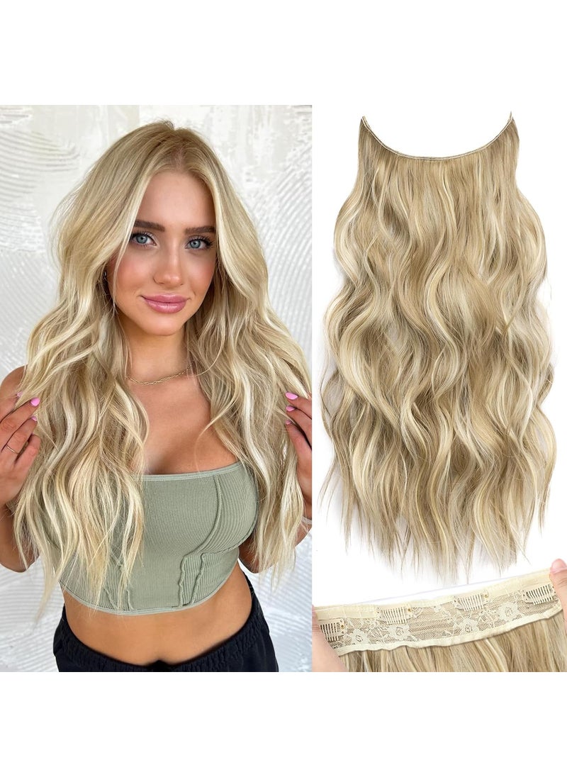 KooKaStyle - KooKaStyle Invisible Wire Hair Extensions with Transparent Wire Adjustable Size 4 Secure Clips Long Wavy Curly Secret Synthetic Hairpieces for Women 20 Inch Light Brown mix Highlight Blonde - Image 1