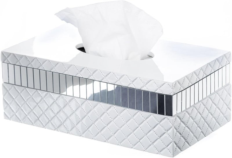 Creative Scents Quilted Mirror Rectangle Tissue Box Cover - White Tissue Box Holder Rectangular for Bathroom with Durable Bottom Slider - Tissue holders Decorative White Bathroom Accessories and Decor - Image 1