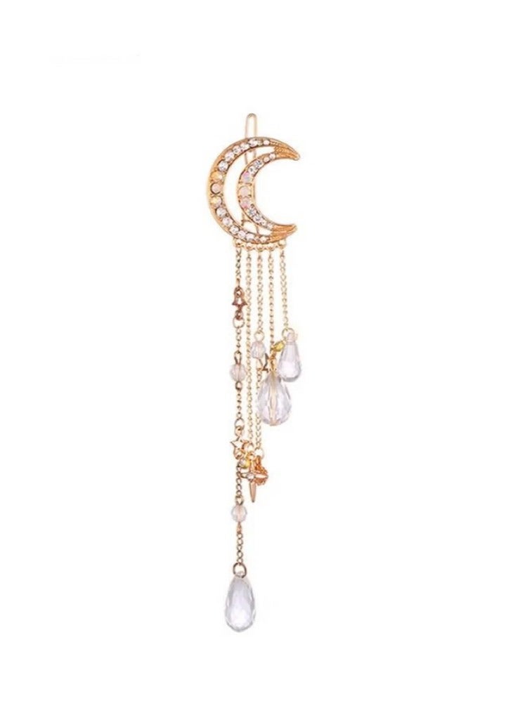 Hairpins - Crescent Moon Star Crystal Pendant Hairpins - Tassel Rhinestone Hairpins - Fashionable and Simple - Gold - Image 1