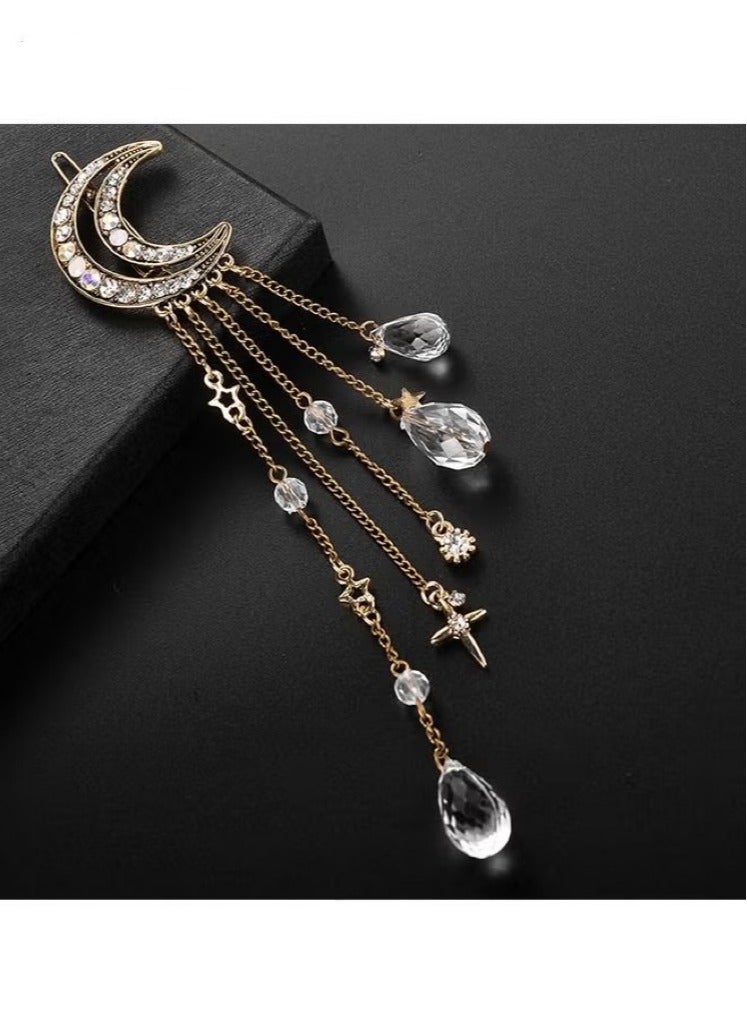 Hairpins - Crescent Moon Star Crystal Pendant Hairpins - Tassel Rhinestone Hairpins - Fashionable and Simple - Gold - Image 3