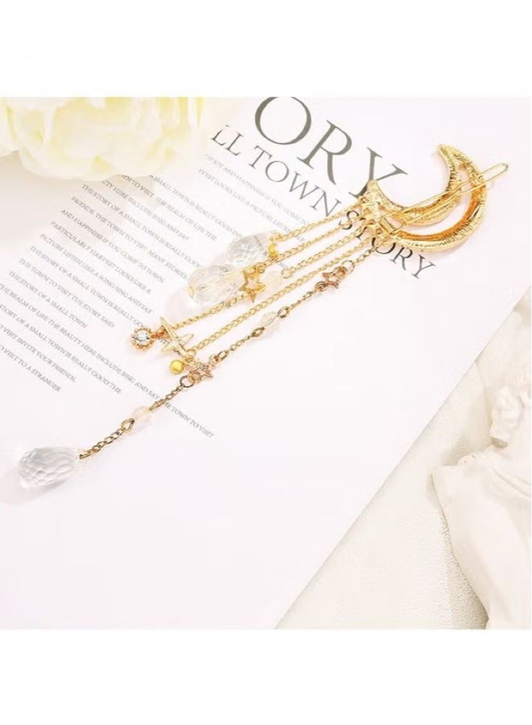 Hairpins - Crescent Moon Star Crystal Pendant Hairpins - Tassel Rhinestone Hairpins - Fashionable and Simple - Gold - Image 4