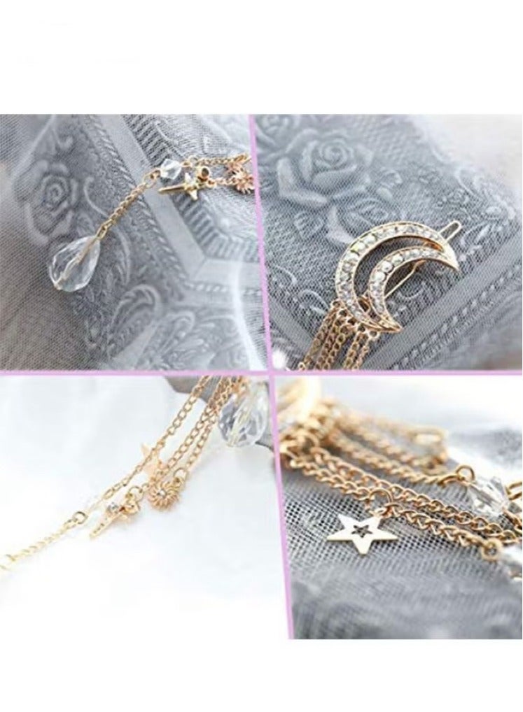 Hairpins - Crescent Moon Star Crystal Pendant Hairpins - Tassel Rhinestone Hairpins - Fashionable and Simple - Gold - Image 5