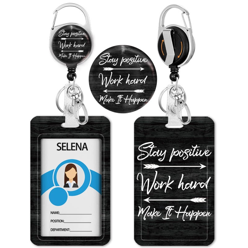 lebrocoli Black Stay Positive Badge Holder with Retractable Reel, Id Badge Holder Heavy Duty Retractable Clip, Vertical Work Card Name Tag Id Holder Badge Cover for Nurse Teacher Office Women Student Gifts - Image 1