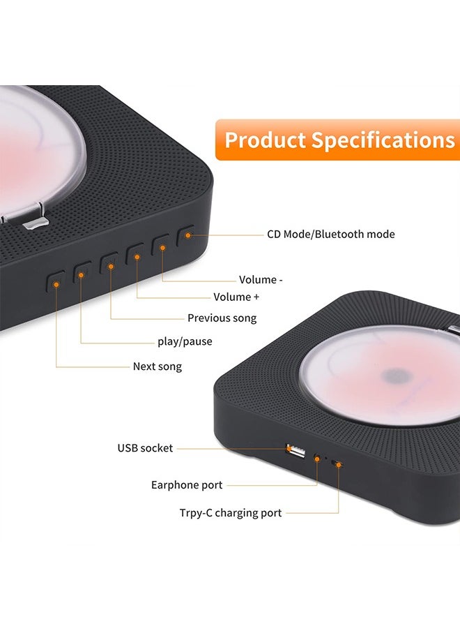 Generic - Cute Black CD Player with Bluetooth 5.0, Rechargeable Music Player for Home Decor, Portable Lovely Music Player, Remote Control - Image 1