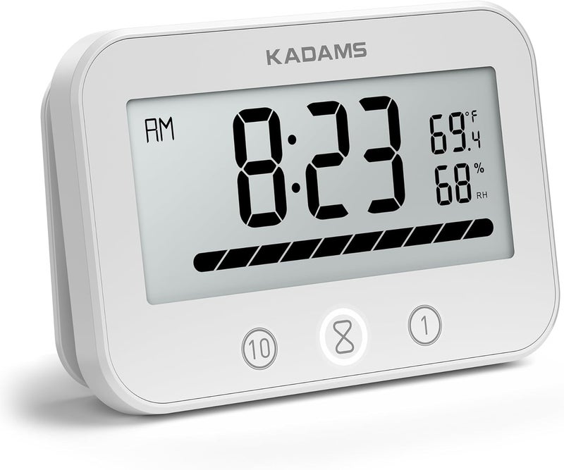 KADAMS Bathroom Shower Clock Waterproof ShowerTimer Countdown Kitchen Wall Clock with LCD Display Progress Bar Hanging Suction Cup, White - Image 1