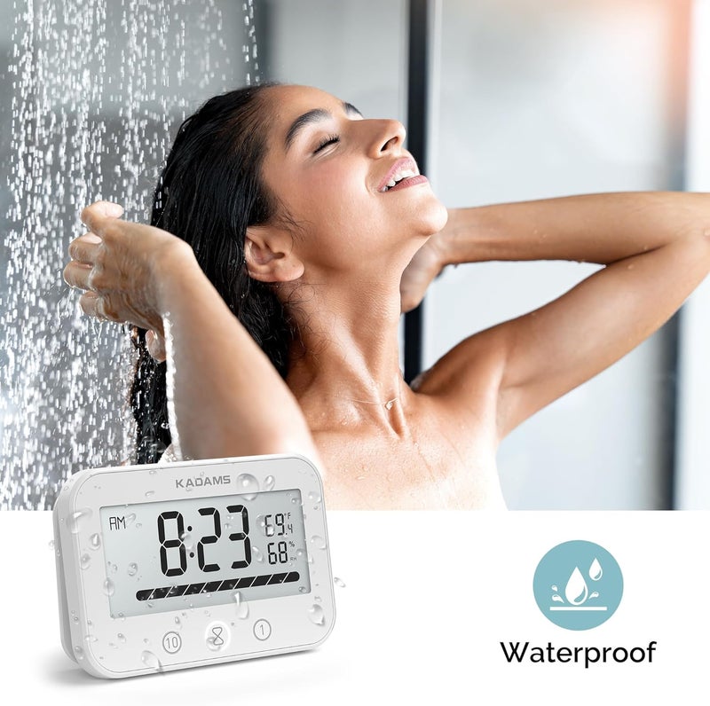 KADAMS Bathroom Shower Clock Waterproof ShowerTimer Countdown Kitchen Wall Clock with LCD Display Progress Bar Hanging Suction Cup, White - Image 2