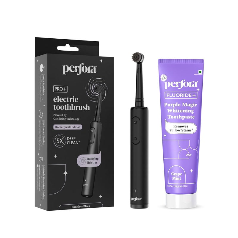 Perfora فرشاة أسنان كهربائية متذبذبة PRO ومعجون تبييض أسنان بنفسجي | ضمان 2 سنوات | فرشاة أسنان كهربائية قابلة لإعادة الشحن للرجال والنساء، 8800 دورة في الدقيقة، مؤقت تلقائي لمدة 2 دقيقة (أسود بلا حدود) - Image 1
