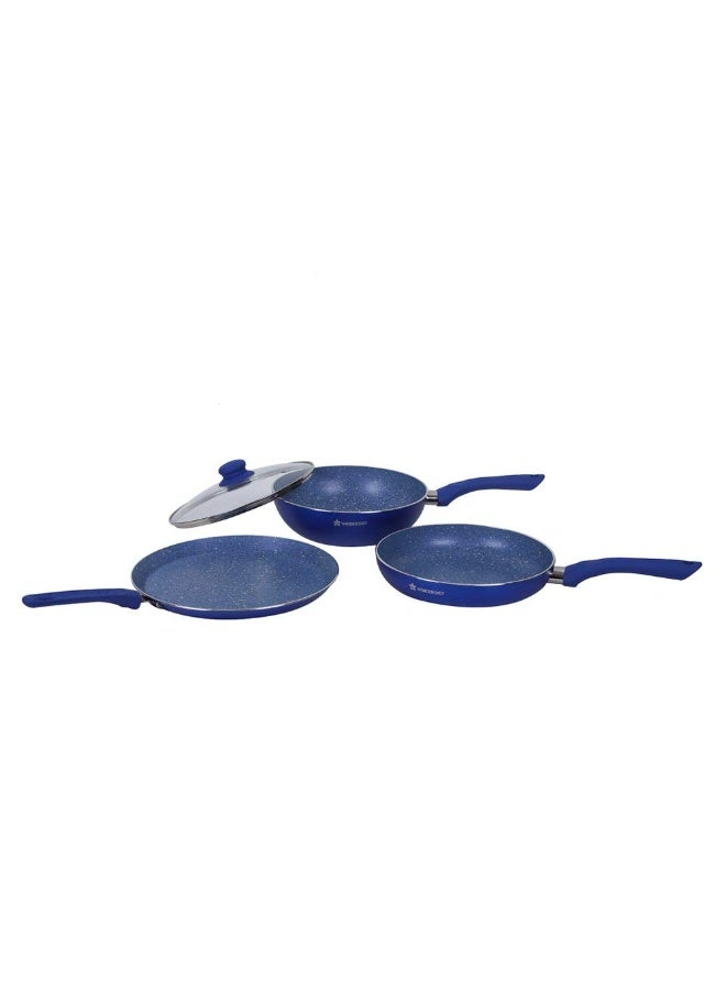 Wonderchef Royal Velvet Plus 4 Pc Non-Stick Cookware Set for Kitchen, Fry Pan 24cm, Wok with Lid 24cm, Dosa Tawa 28cm, Non-Toxic PFOA Free, Gas Stove & Induction Friendly, 2-Yr Warranty, Blue - Image 1