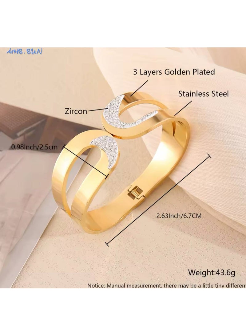Wide Gold Stainless Steel Bracelet with a modern and elegant design, adorned with shiny rhinestones that add a touch of luxury and allure to your wrist. Flexible and comfortable for daily wear and special occasions.  - Image 2