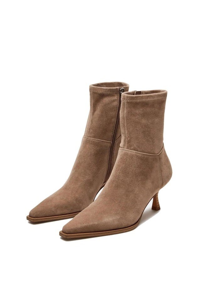 Atsroel Womens Brown Suede Fall Boots with Side Zip, Ankle, Mid Calf, Pointed Toe, Kitten Heel, Dressy, Short Boots, A-brown, 10 - Image 1