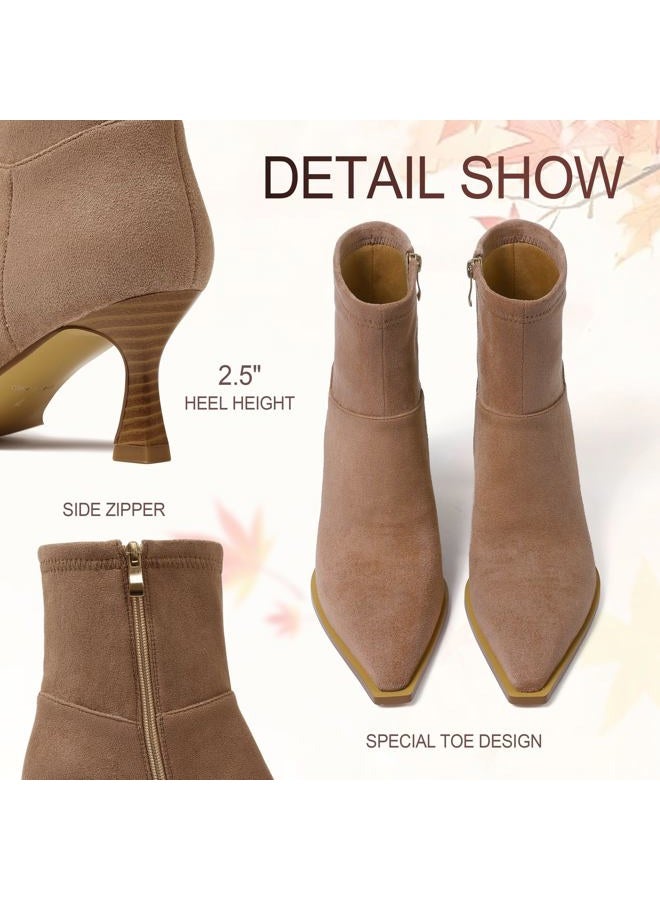 Atsroel Womens Brown Suede Fall Boots with Side Zip, Ankle, Mid Calf, Pointed Toe, Kitten Heel, Dressy, Short Boots, A-brown, 10 - Image 2