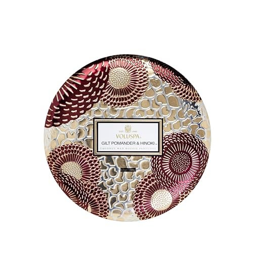 Voluspa Gilt Pomander Hinoki, 3 Wick Tin Candle, 12 Ounces, 40 Hour Burn Time, Coconut Wax for Clean Burning, Handcrafted in the USA - Image 1