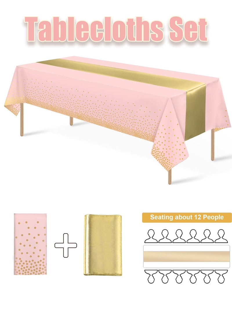 Tablecloth,Pink and Gold Tablecloths Set with Satin Runner – 54 x 108 Inch Durable Washable Polyester Tablecloth, Elegant Pink Gold Table Cover for Round & Rectangular Tables, Wedding Table Linen, Baby Shower, Graduation, Birthday, Party Decorations - Image 1