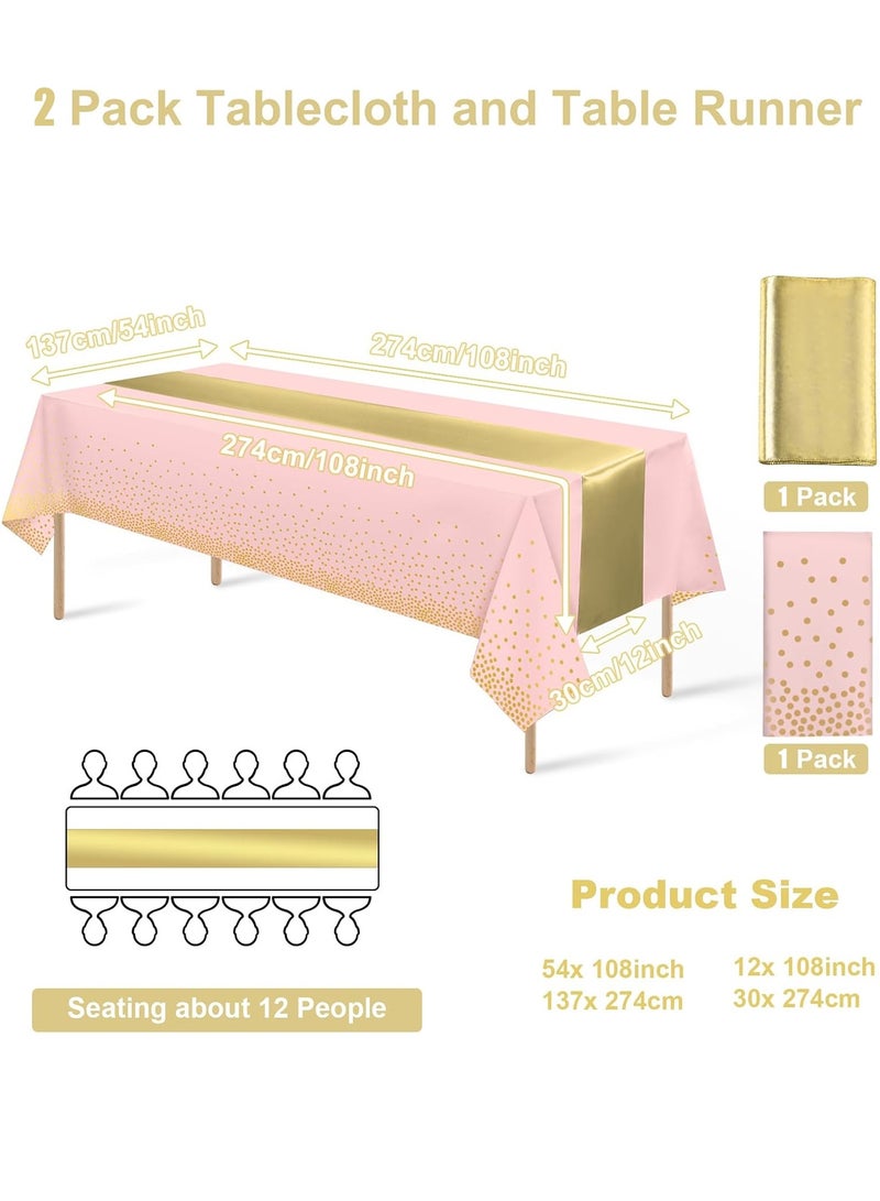 Tablecloth,Pink and Gold Tablecloths Set with Satin Runner – 54 x 108 Inch Durable Washable Polyester Tablecloth, Elegant Pink Gold Table Cover for Round & Rectangular Tables, Wedding Table Linen, Baby Shower, Graduation, Birthday, Party Decorations - Image 2