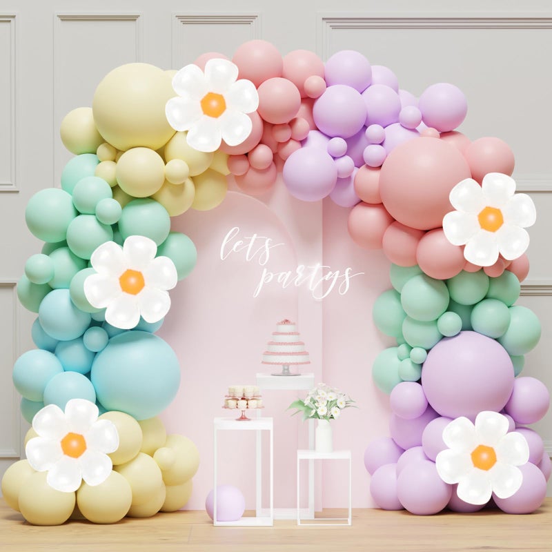 Daisy Balloon Arch Garland Kit 136Pcs Pastel Rainbow Balloon Arch Kit Birthday Balloons White Groovy Flower Macaron Pink Yellow Blue Purple Balloons for First Birthday Wedding Party Decorations