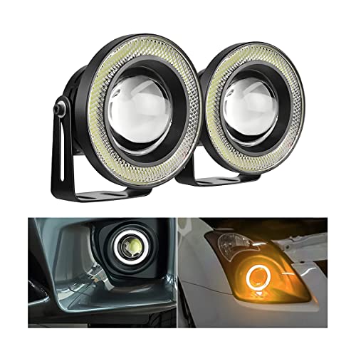 AICEL 2PCS Car Angel Eye Fog Light, Round COB LED Lamp High Power Bright with White Halo Angel Eye Rings Headlight, Universal Daytime Running Light DRL Car Driving Bulbs Projector (Yellow) - Image 1